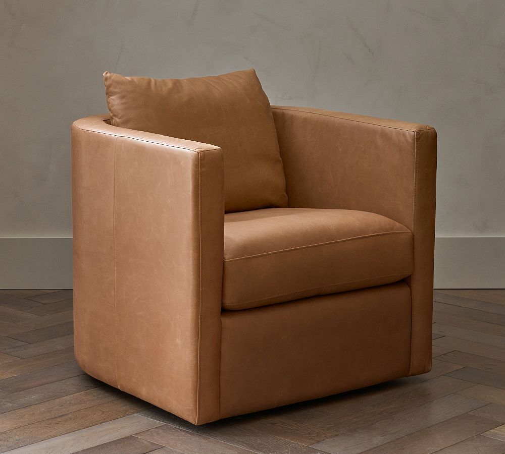 Ayden Barrel Leather Swivel Chair | Pottery Barn (US)