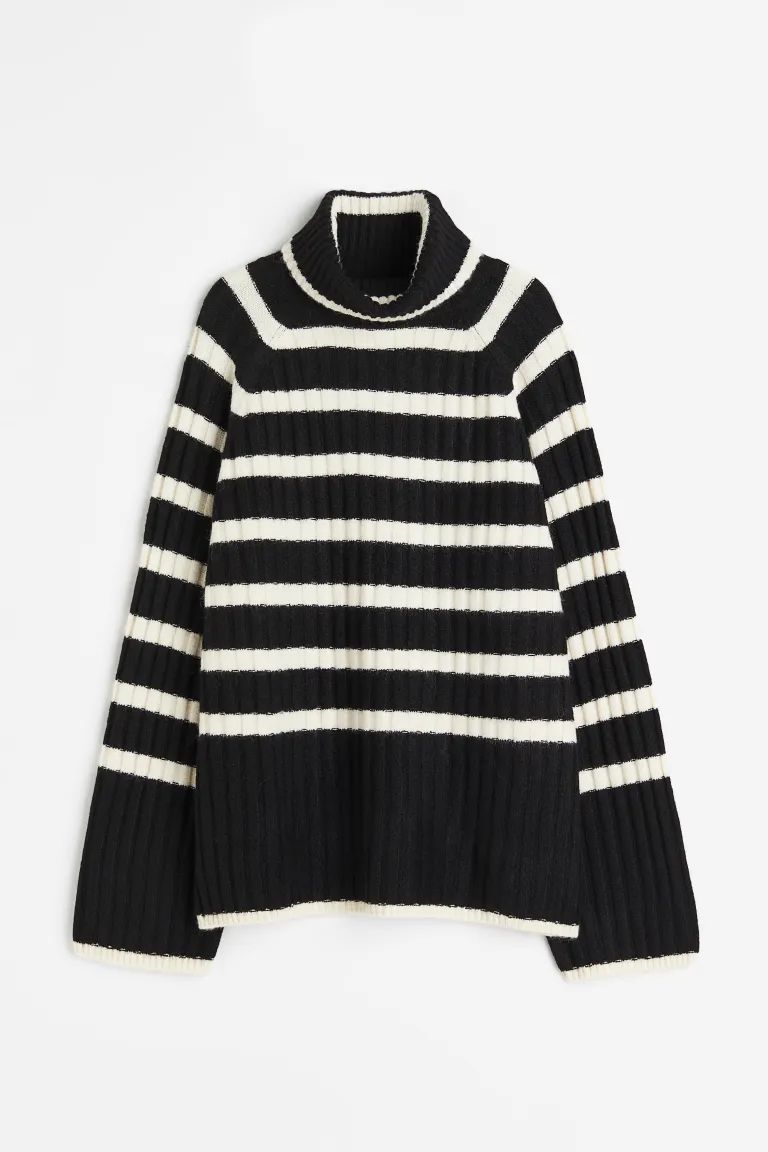 Rib-knit Turtleneck Sweater - Black/striped - Ladies | H&M US | H&M (US)