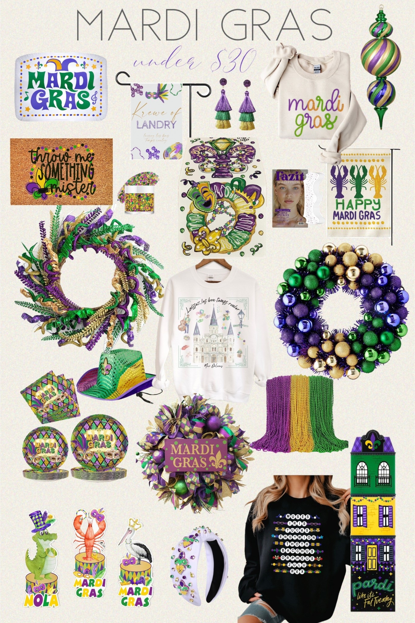 Mardi Gras season is here!! 

Welcome Mardi Gras Masks Doormat | 100PCS Mardi Gras Beads, Green Purple Gold Metallic Mardi Gras Beads | Mardi Gras Sweatshirt | Shappy 6 ft Huge Mardi Gras Inflatable Decoration Alligator with Crown Necklace Mardi Gras | Mardi Gras Green, Purple & Gold Ornament Wreath, 18 in, by Way To Celebrate 

#LTKHome #LTKHoliday #LTKSeasonal