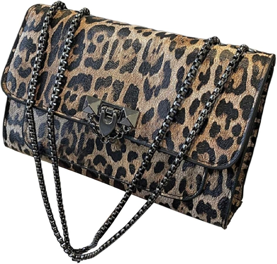 Women's Leopard Print Chain Shoulder Bag Metal Buckle Handbags | Amazon (US)