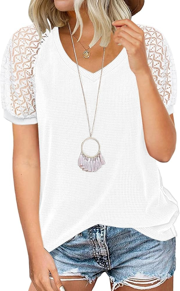 MIHOLL Women's Lace Short Sleeve V Neck Shirts Loose Casual Tops Tee Shirt | Amazon (US)