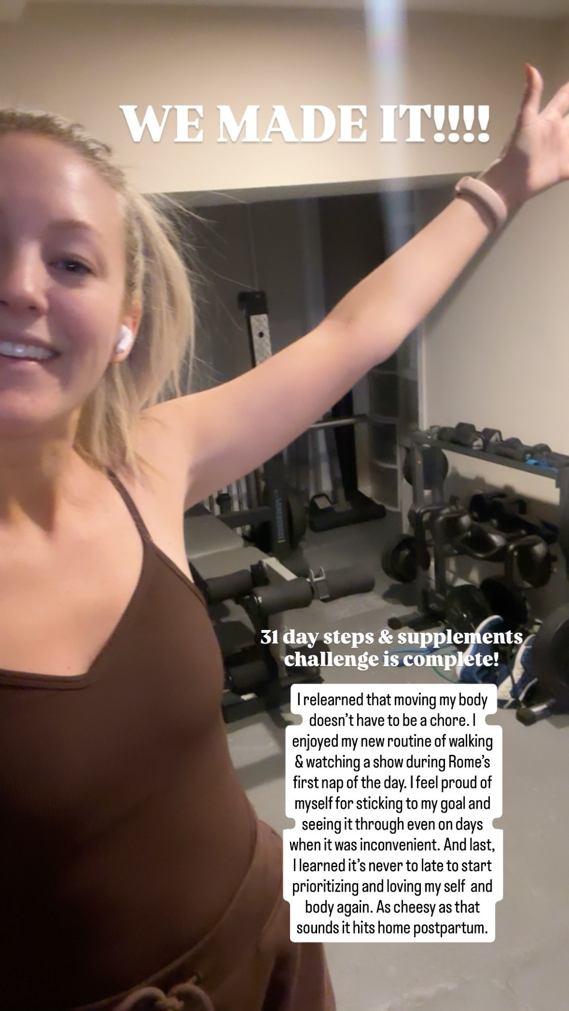 WE MADE IT!!!! 31 day steps & supplements challenge is complete!  I relearned that moving my body doesn’t have to be a chore. I enjoyed my new routine of walking & watching a show during Rome’s first nap of the day. I feel proud of myself for sticking to my goal and seeing it through even on days when it was inconvenient. And last, I learned it’s never to late to start prioritizing and loving my self  and body again. As cheesy as that sounds it hits home postpartum.

#LTKActive #LTKfitnessgoals #LTKmorningroutine