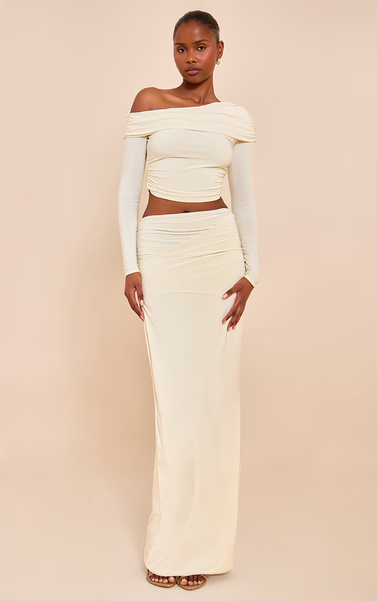 Almond Matte Sculpt Fold Over Maxi Skirt | PrettyLittleThing US