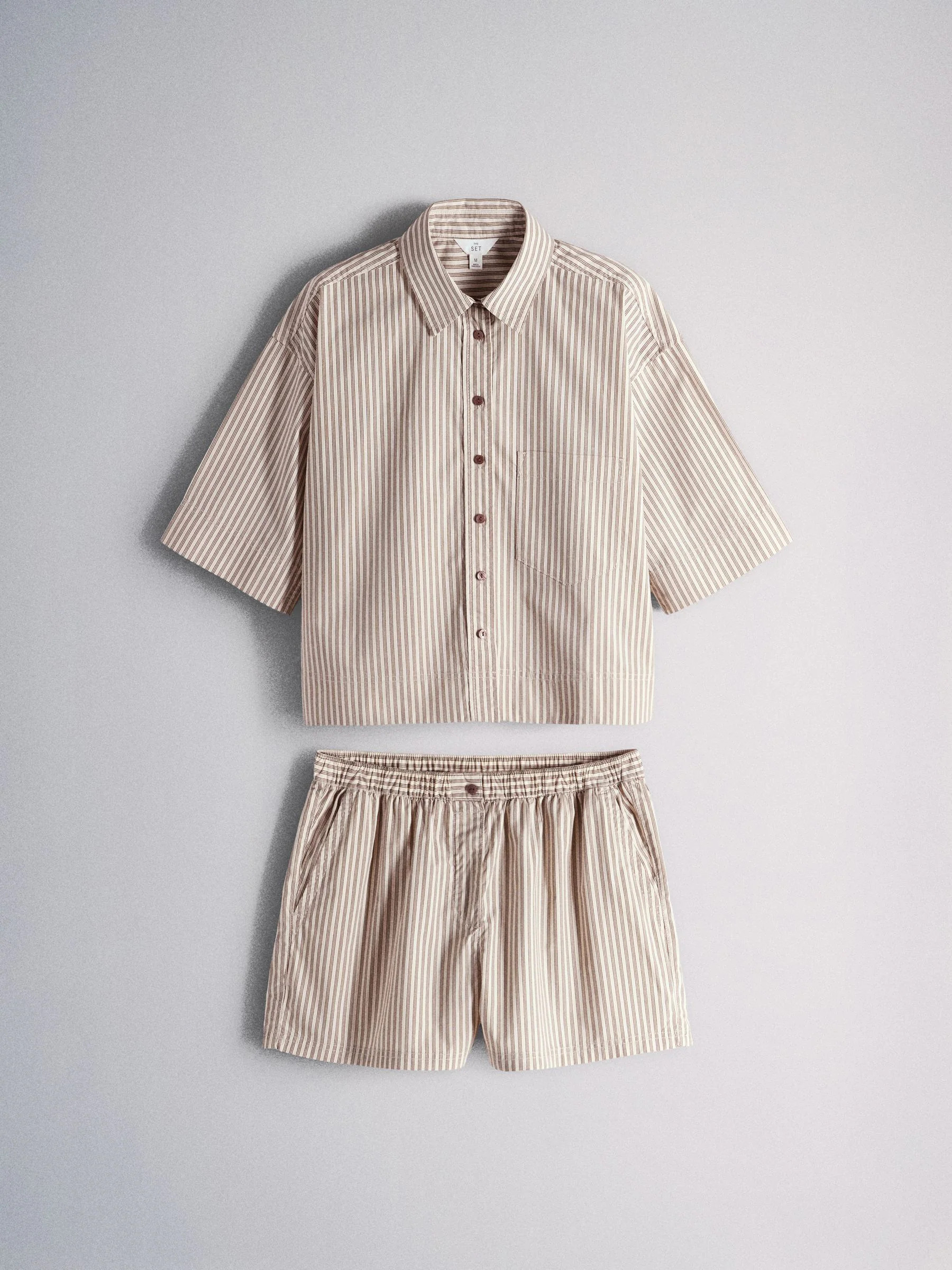 The Set The Set Cotton Shirt and Shorts Co-Ord Set Brown/Cream Stripe | Next US
