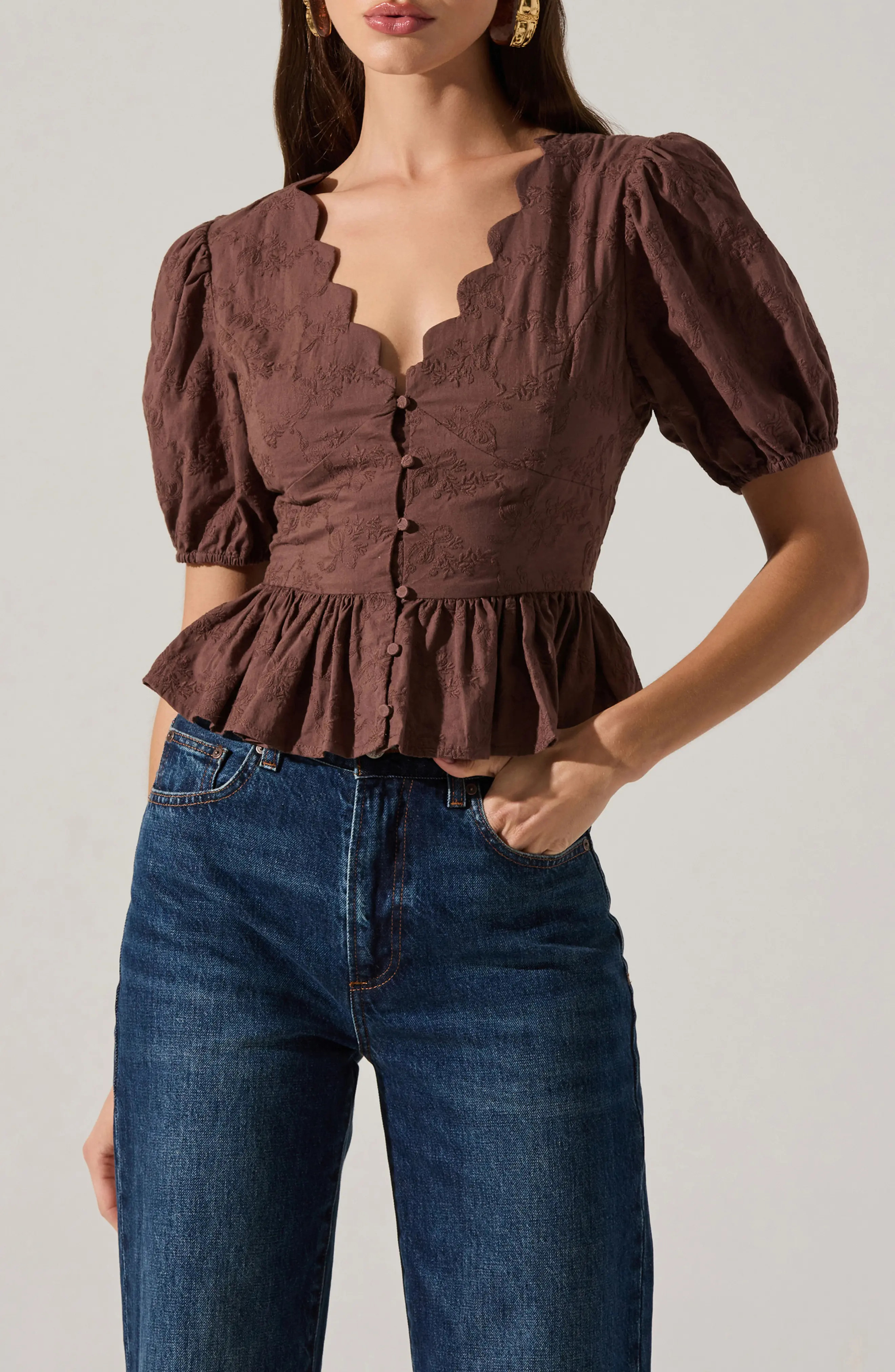ASTR the Label Arely Embroidered Cotton Button-Up Top in Brown at Nordstrom Rack, Size Small | Nordstrom Rack