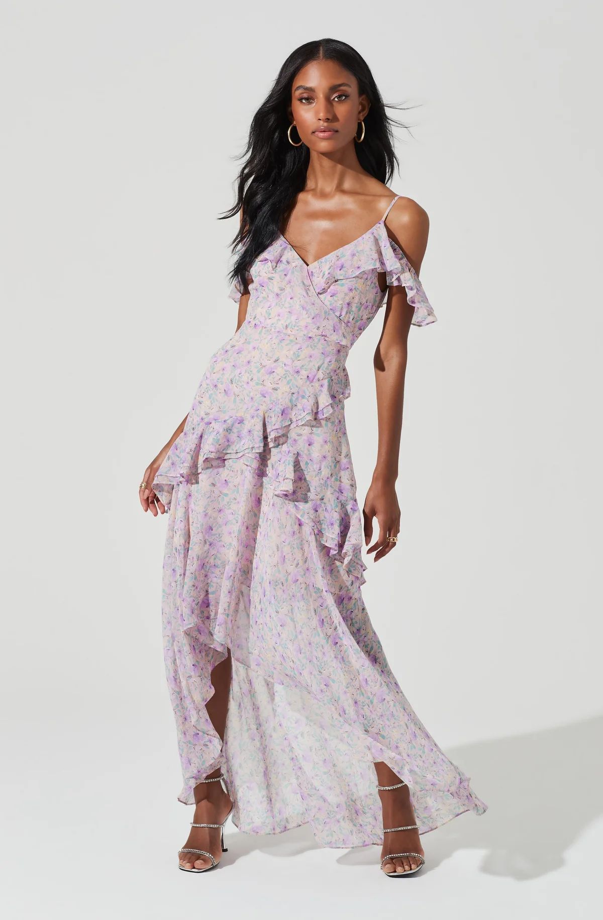 Pemberley Floral Ruffle Cold Shoulder Hi-Lo Maxi Dress | ASTR The Label (US)