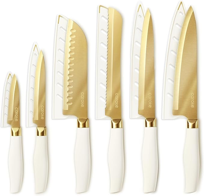 CAROTE 12PCS Kitchen Knife Set, Healthy Gold Titanium Coating Knife Set, Dishwasher Safe with 6 B... | Amazon (US)