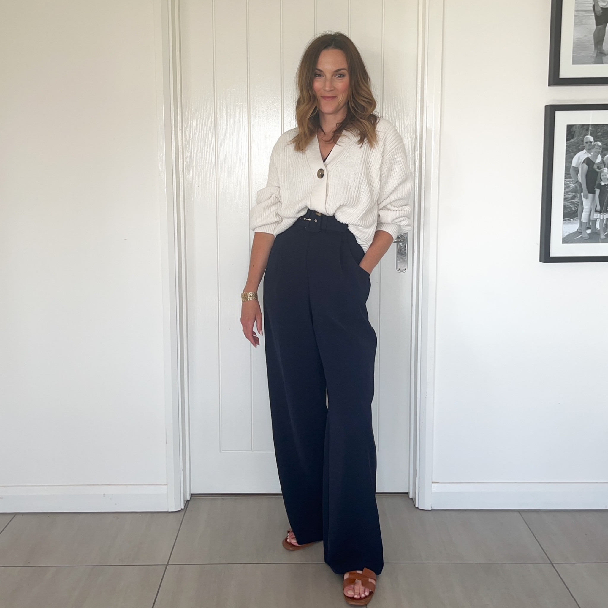 Navy jumpsuit, cream cardigan, brown oran sandals 

#LTKeurope #LTKstyletip #LTKSeasonal