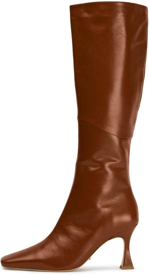 DOEYG Black Leather Knee High Tall Boots for Women Sexy Square Toe Stiletto Heeled Boots Dressy w... | Amazon (US)