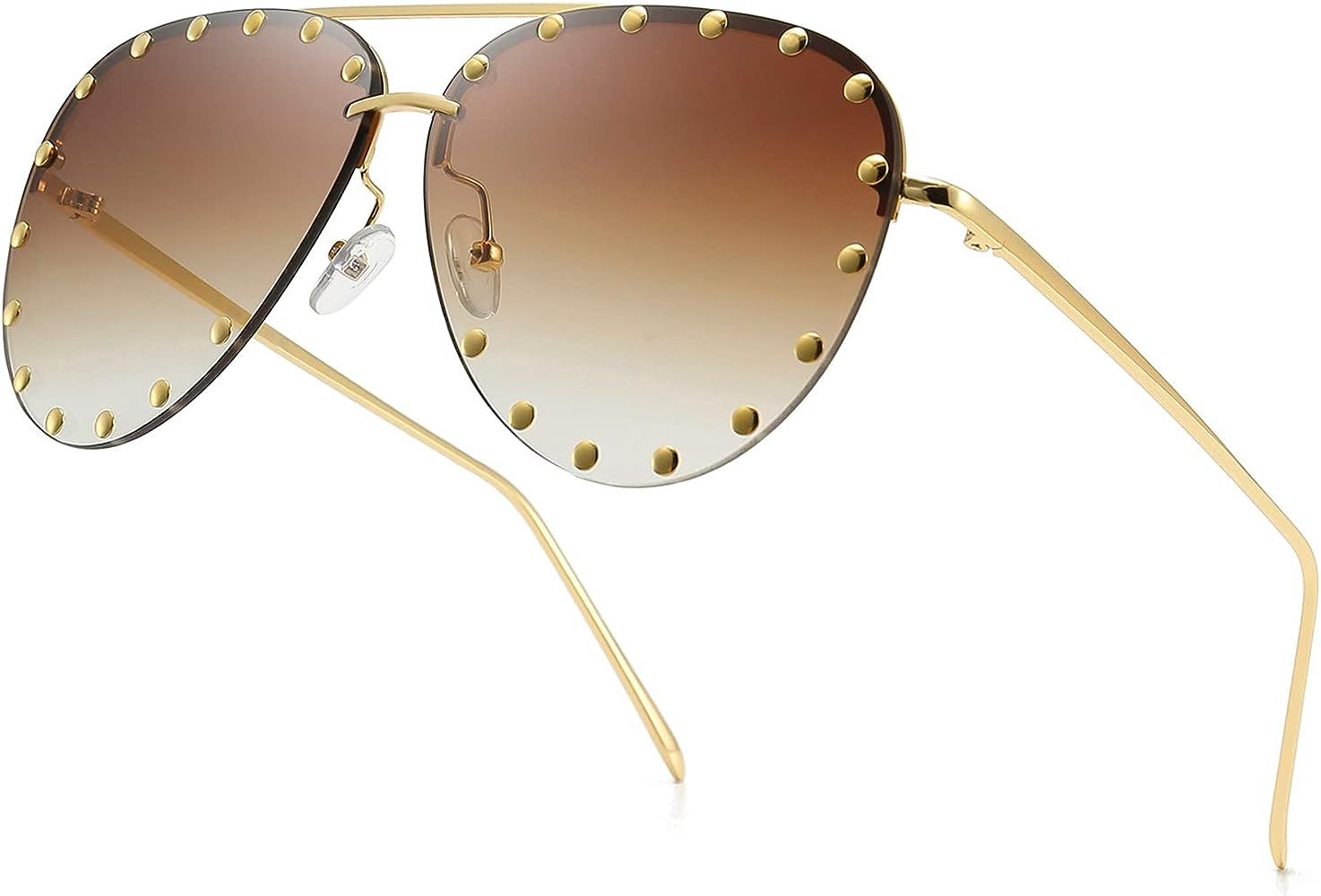 Sahouna Rimless Oversized Sunglasses Fashion Rivet Aviator Sunglasses Metal Frame Studded Sunglas... | Amazon (US)