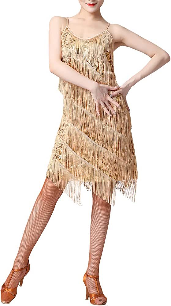 Women Salsa Latin Dance Dress Sequin Tassel Fringe Flapper Dress 1920s Gatsby Cocktail Dress Tang... | Amazon (US)