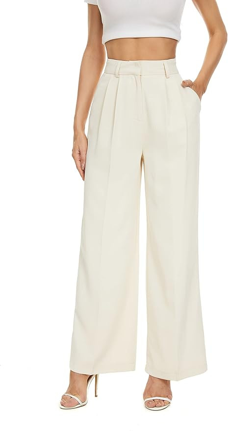 FUNYYZO Women's Wide Leg Work Pants High Waist Long Straight Trousers Causal Pants with Pocket | Amazon (US)