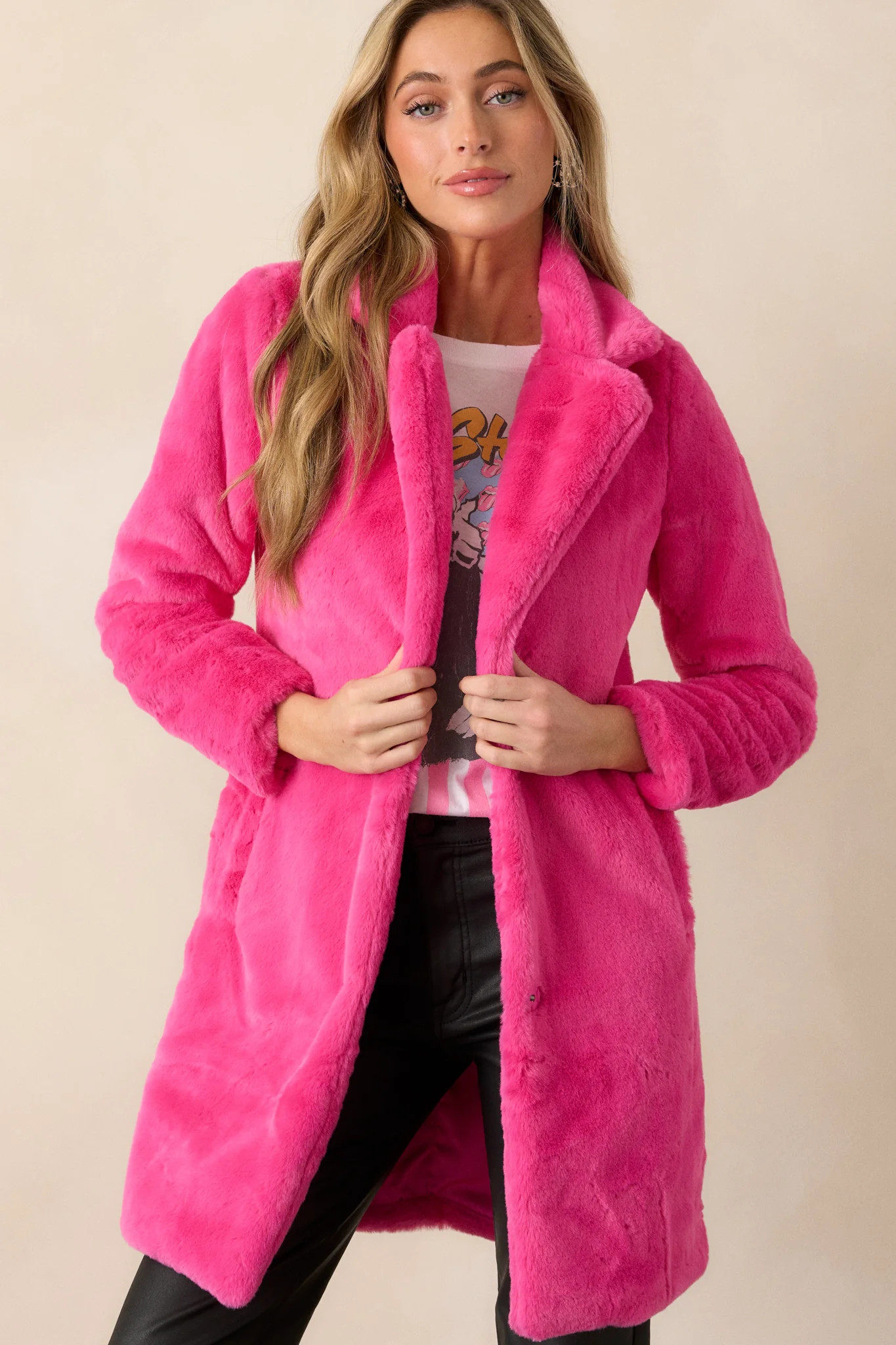 Breath of Fresh Air Hot Pink Faux Fur Coat | Red Dress