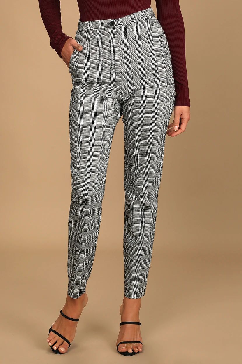 'Fit Check Black and White Glen Plaid High Waisted Trouser Pants | Lulus (US)
