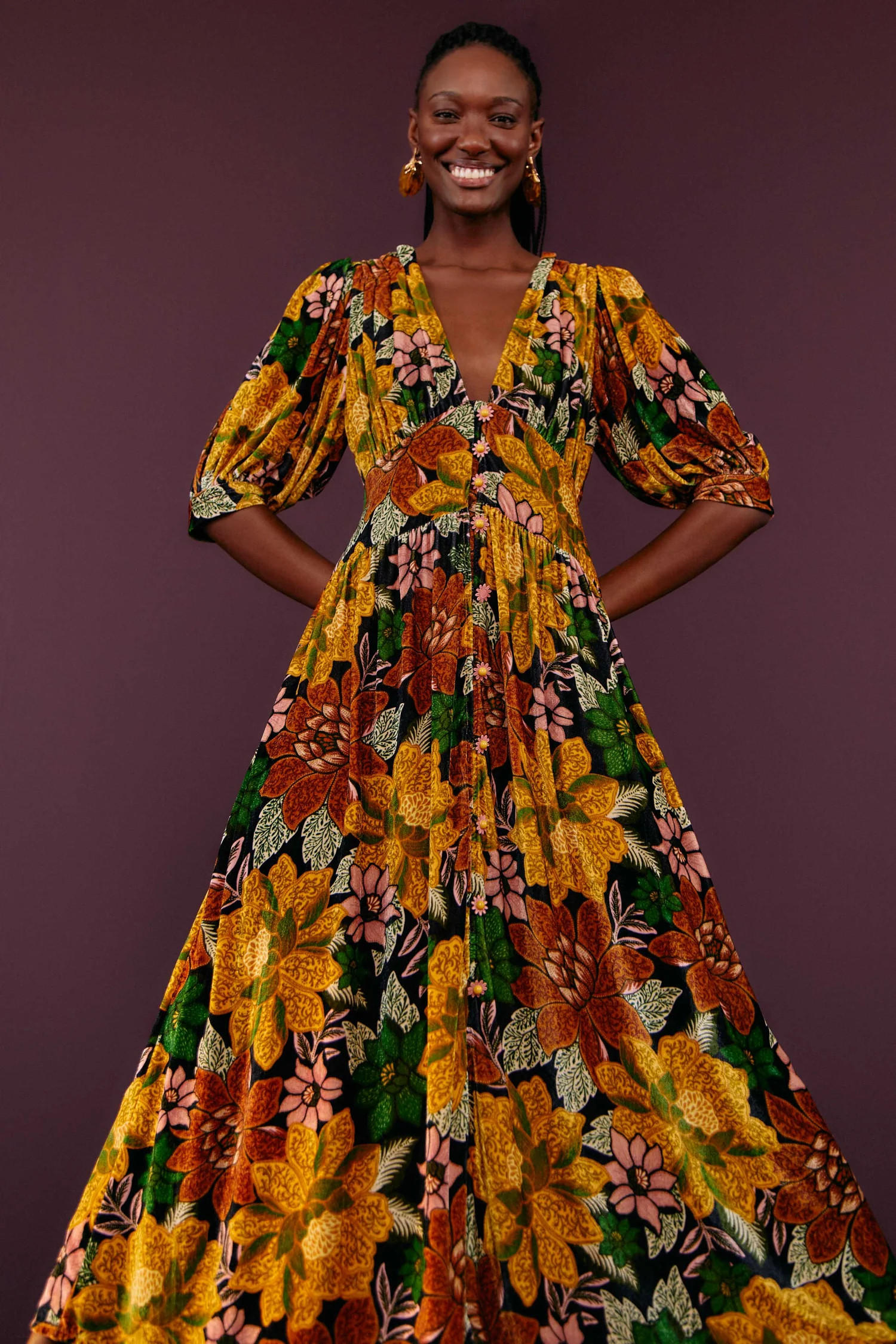 Black Garden V Neck Midi Dress | FarmRio (US)