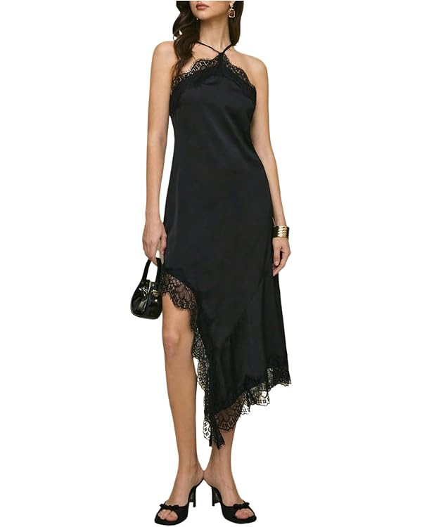 Milumia Women's Elegant Lace Trim Satin Halter Dress Asymmetrical High Low Long Party Dresses | Amazon (US)