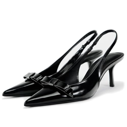 Patent Bow Slingback Kitten Heels for Women Closed Pointed Toe Dress Pumps Sexy Dressy Heeled Shoes Evening Party Prom Stiletto Heels Sandals (Black,9) | Amazon (US)