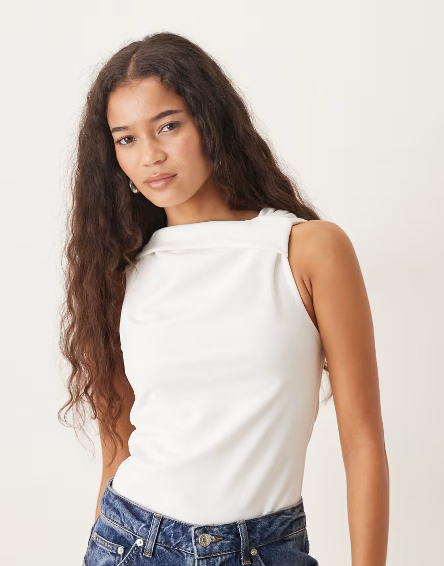 ASOS DESIGN asymmetric knot sleeveless top in white | ASOS (Global)
