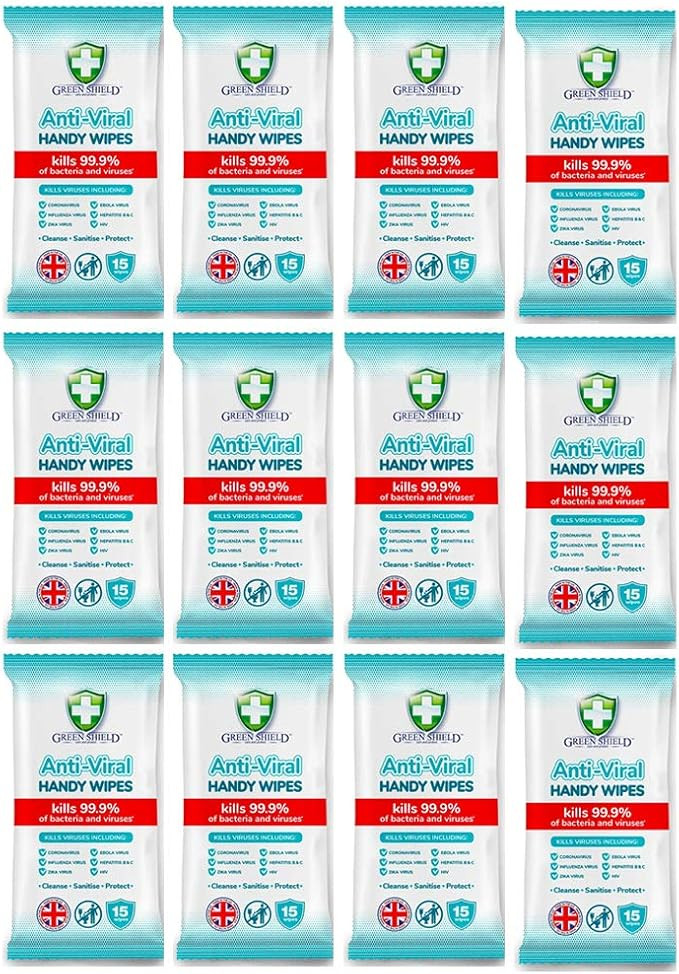 GreenShield Anti-Viral Handy Wipes 15's Kills 99.9% of Bacteria (12 Pack) | Amazon (UK)