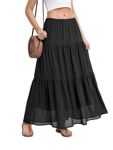 Jouica Women's Pleated Skirt Chiffon A-Line Elastic High Waist Flowy Double Layer Casual Maxi Ski... | Amazon (US)