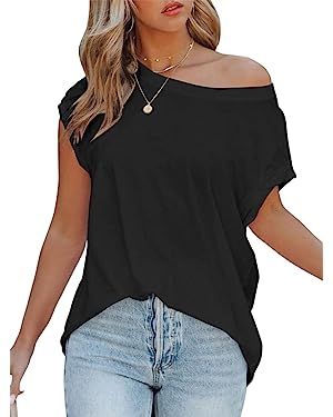 XXTAXN Women's Casual Short Sleeve Off Shoulder Oversized T Shirt Outdoor Soft Basic Tunic Tops | Amazon (US)