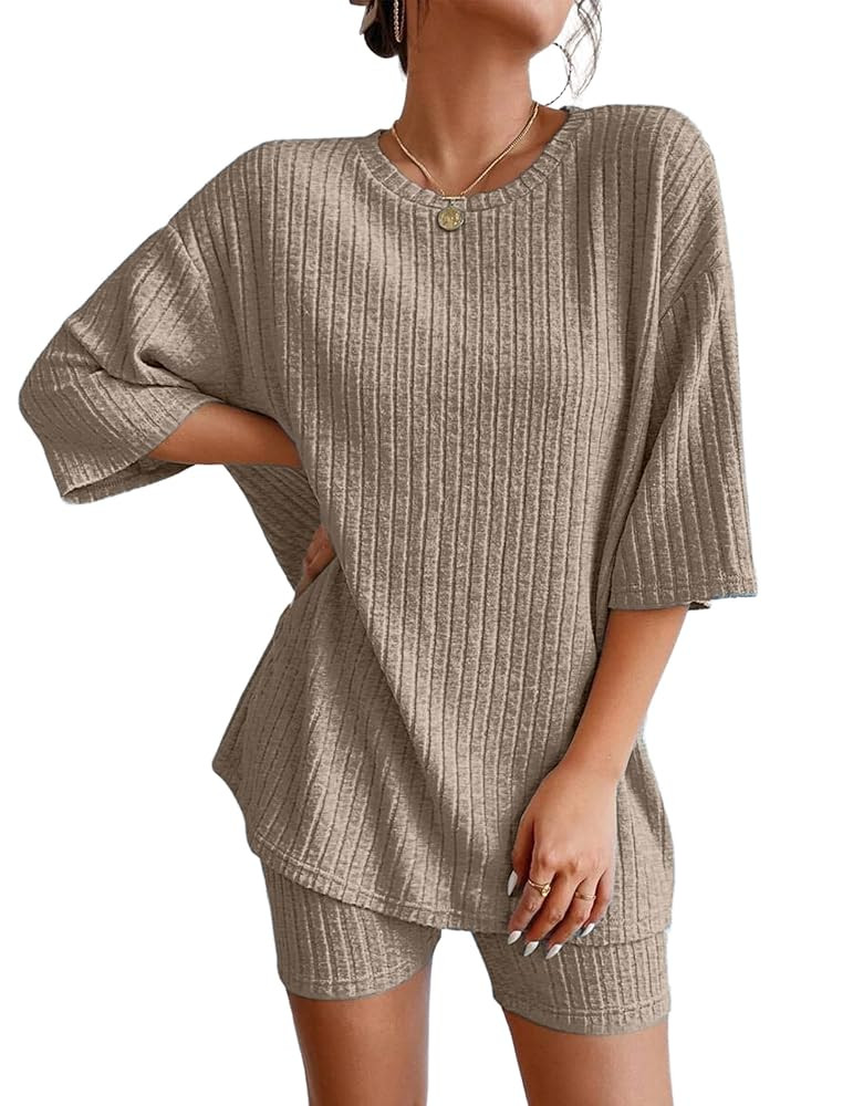 Ekouaer 2 Piece Lounge Set Women Ribbed Knit Oversized Shirts Biker Shorts Airport Outfits Track ... | Amazon (US)