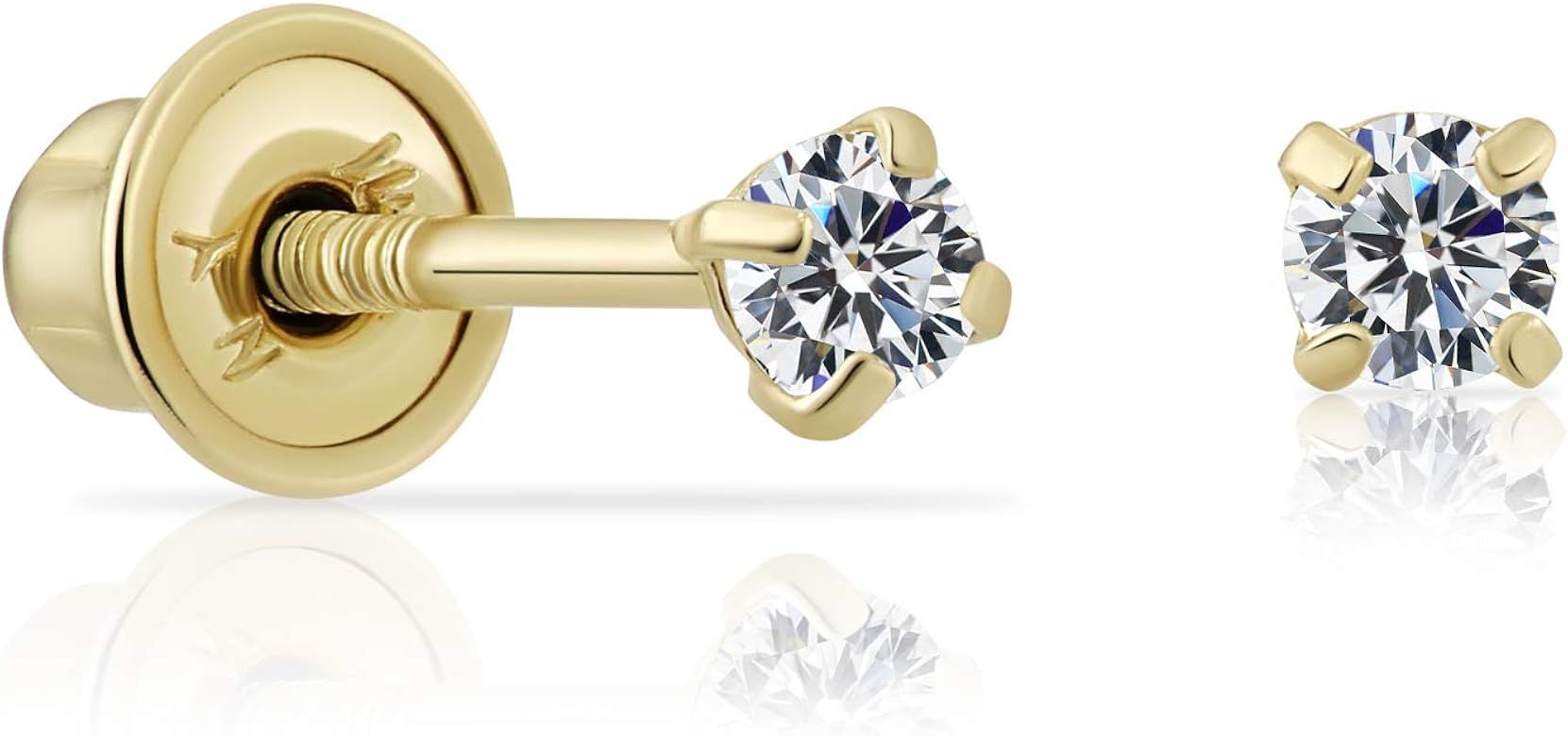 14k Yellow Gold Solitaire Round Cubic Zirconia Stud Earrings in Secure Screw-backs | Amazon (US)