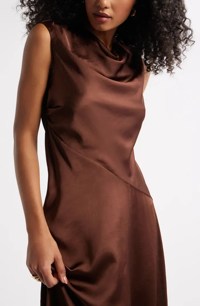 Open Edit Cowl Neck Asymmetric Satin Midi Dress | Nordstrom | Nordstrom