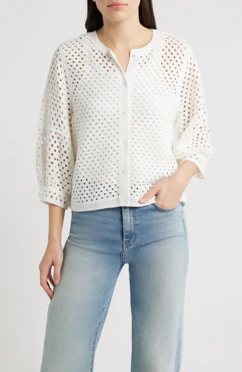 Wit & Wisdom Openwork Blouson Sleeve Top in Off White at Nordstrom, Size Large | Nordstrom