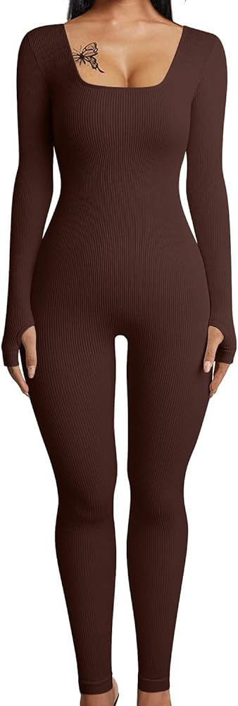 HOPYOP Sexy Long Sleeve Jumpsuit for Women, One Piece Ribbed Workout Rompers | Amazon (US)