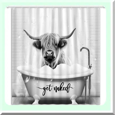 Get Naked Highland Cow Shower Curtain - Funny Western Cattle in Bathtub Design, Grey Fabric with Hooks | Wayfair North America