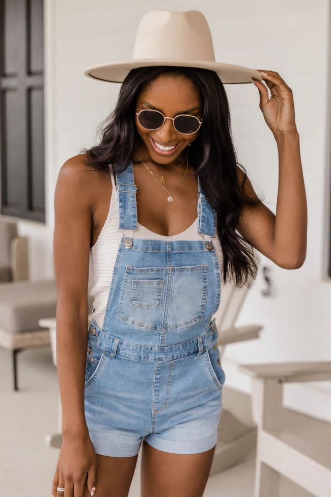 Country Road Distressed Light Wash Denim Overall Shorts | The Pink Lily Boutique