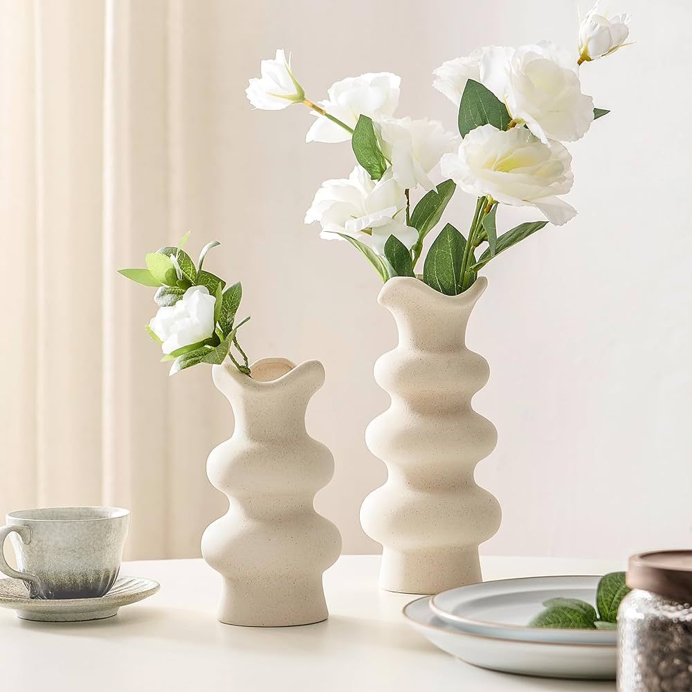 Modern Decorative White Ceramic Vases for Home Decor 8.3 Inch, Abstract Minimalist Vase for Pampa... | Amazon (US)