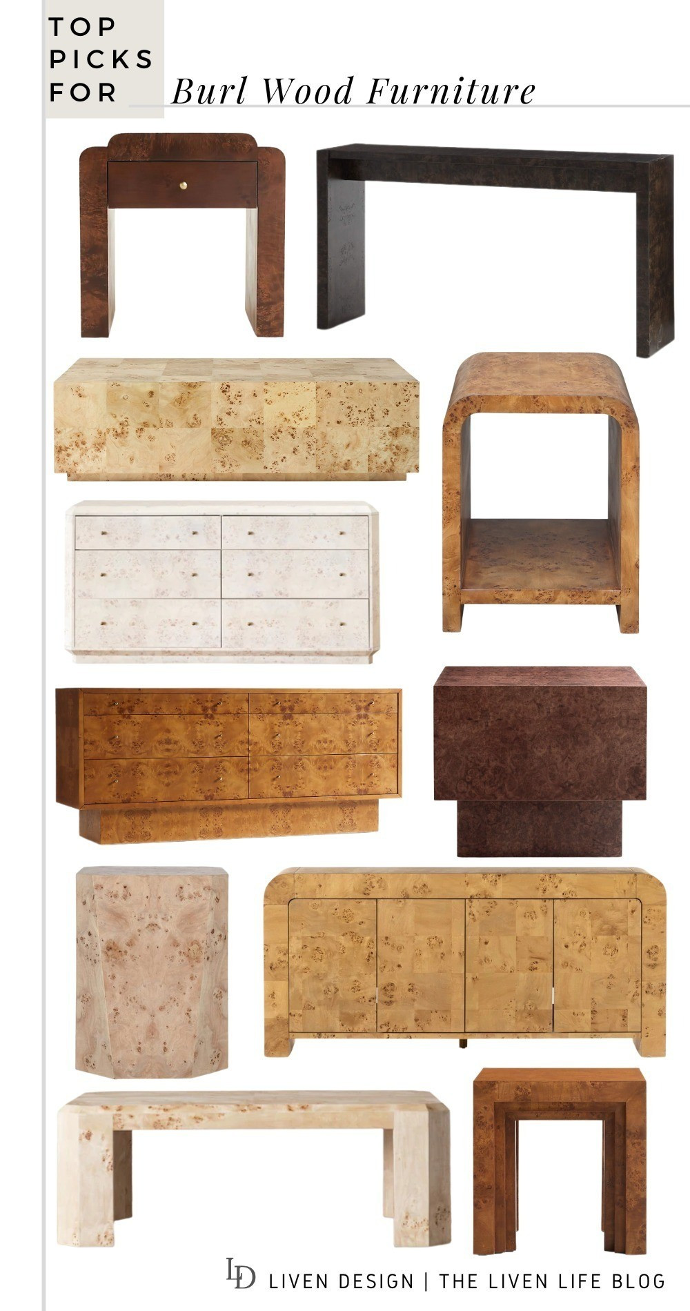 Burl wood furniture. Burl wood side table. Accent table. Coffee table. Dresser. Nightstand. Console. 

 