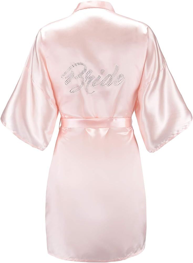 EPLAZA Women's One Size Silver Rhinestones Bride Bridesmaid Short Satin Robes for Wedding Party G... | Amazon (US)