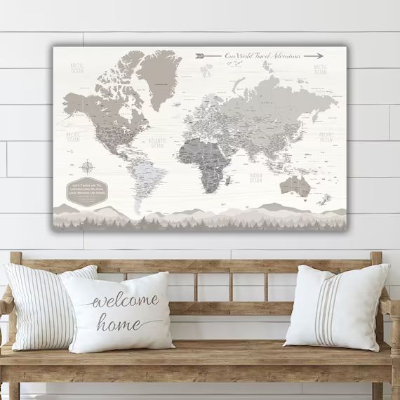 Farmhouse Push Pin World Map Personalized Canvas, Travel Gift, Rustic Push Pin Travel Map, Fixer ... | Etsy (US)