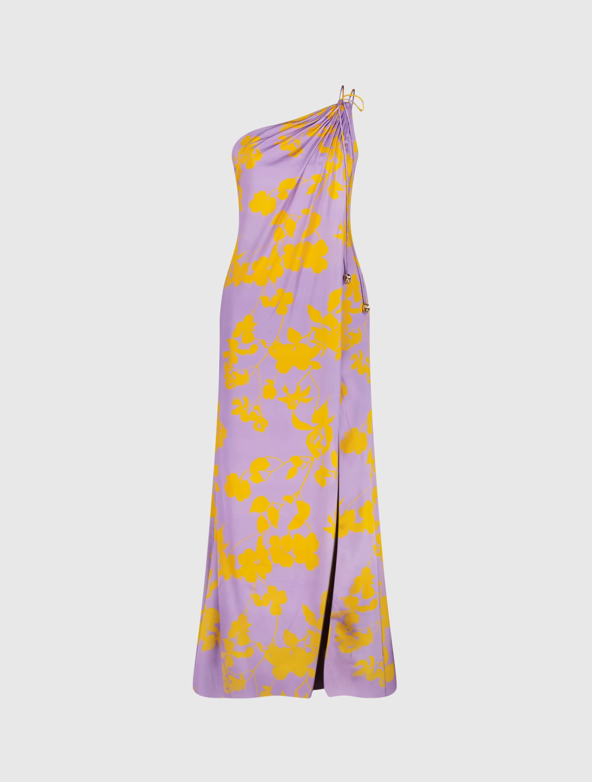 Orchid Floral Printed Charmeuse One Shoulder Maxi Dress With Slit | Mac Duggal