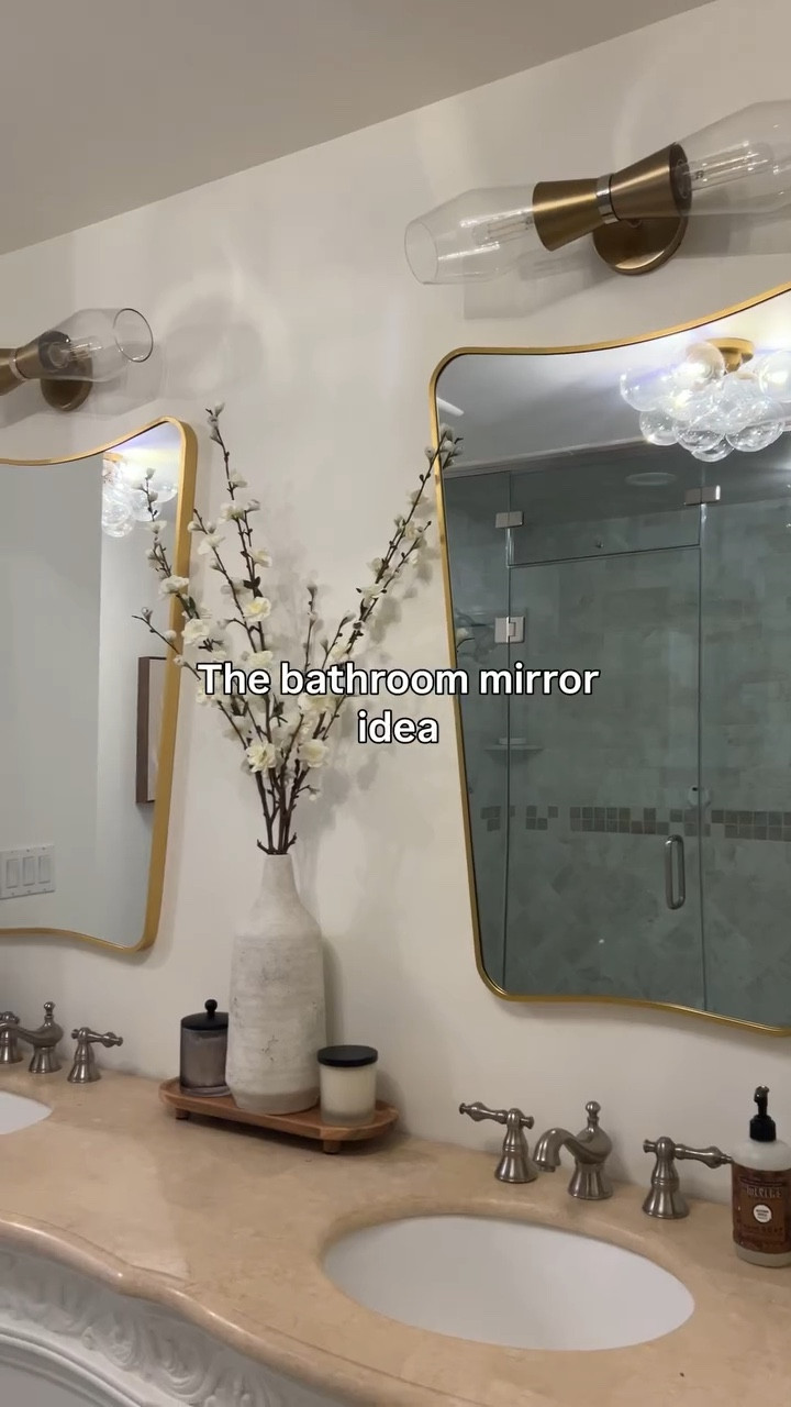 Bathroom mirror idea that actually came from a designer living room.

I thought it would modernize this vintage vanity, so I made a template to show the idea.
My husband took one look and said, “Why not just a mirror in the middle?”

He didn’t get the vision. 

Just a reminder—
inspiration doesn’t always have to be used exactly.

#bathroomdesign #bathroommirror #interiordesigntips #vintagevanity #bathroomremodel