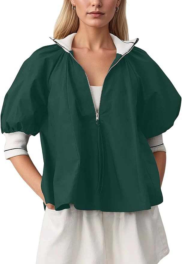 Dsewpaur Women Sporty Henley Swing Tops Puff Sleeve Half Zip Blouse Casual Loose fit Flowy Shirt ... | Amazon (US)