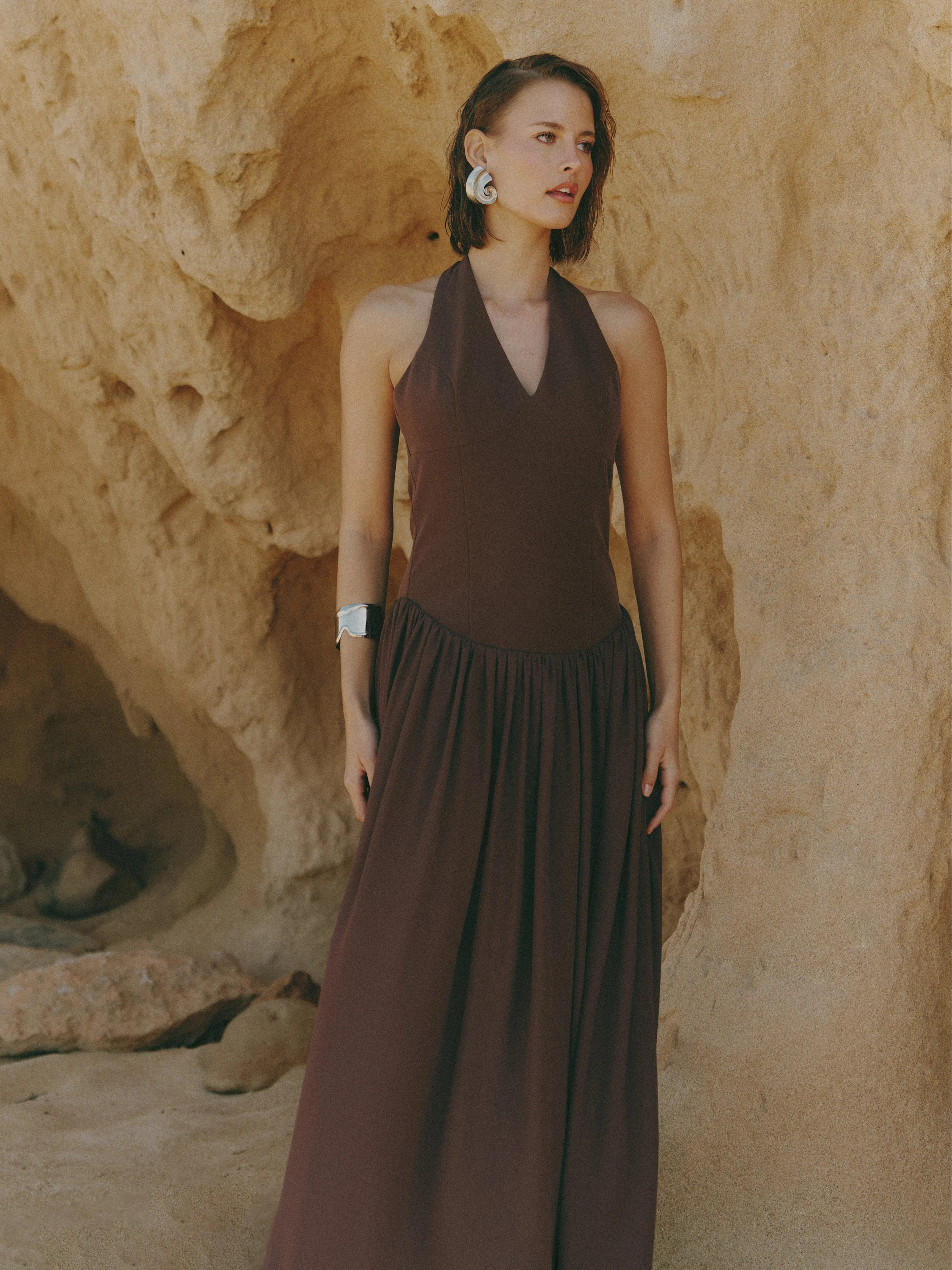 Isadora Drop Waist Maxi Dress - Chocolate Brown | Pretty Lavish (UK)