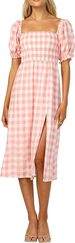 R.Vivimos Summer Dress for Women Cotton Plaid Puff Sleeves Casual Off-Shoulder Boho Side Slit Mid... | Amazon (US)