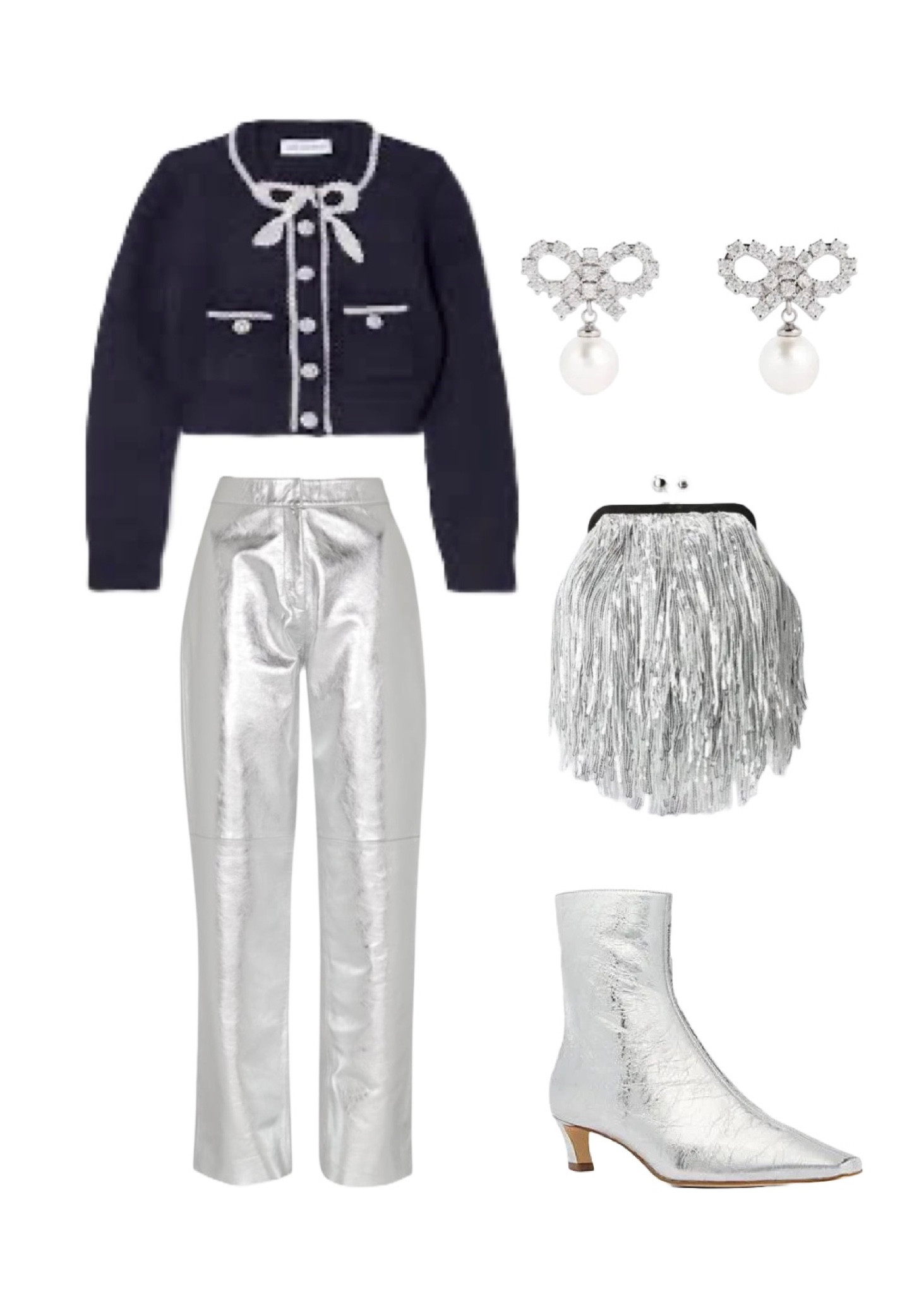 Space Cowboy NYE Outfit featuring the stunning Navy Cropped Bow Embellished Cardigan by Self Portrait from Coggles and the Self Portriat Bow / Pearl Drop Earrings from Harrods, Silver Ankle Boots by Michael Kors and Silver Sequin Fringe Clutch Bag by Weekend Maxmara - moon dance coming up 🪩 🪩 🪩

#LTKpartywear #LTKuk #LTKWinterSale