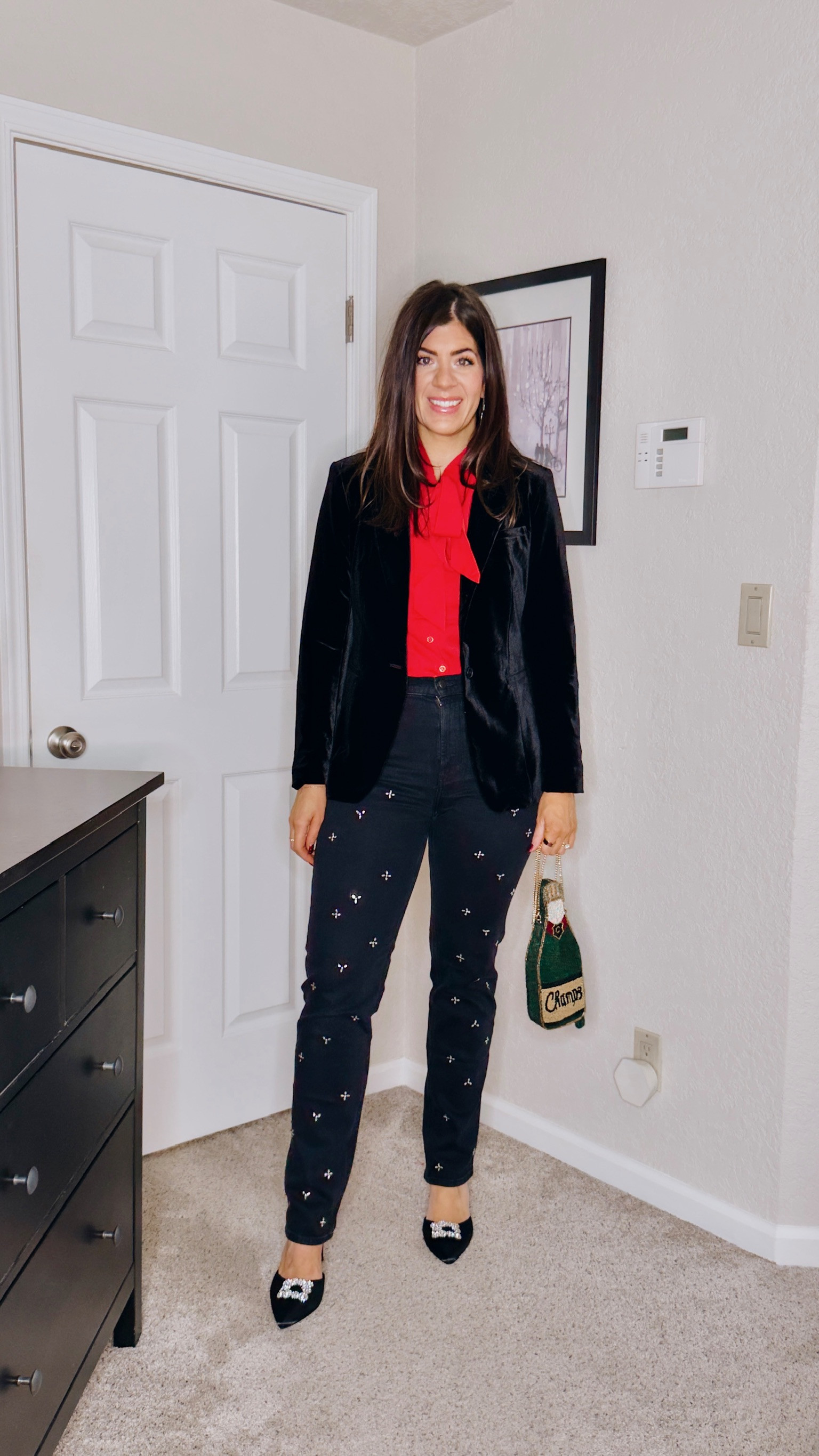 What I wore to a holiday lunch!
Bow tie top- medium
Velvet blazer- medium
Rhinestone jeans- 30 long

Holiday outfit, velvet, NYE outfit, midsize holiday, ootd, date night, party season, holiday fashion, holiday look, embellished jeans, red, midsize fashion 

#LTKHoliday #LTKootd #LTKMidsize
