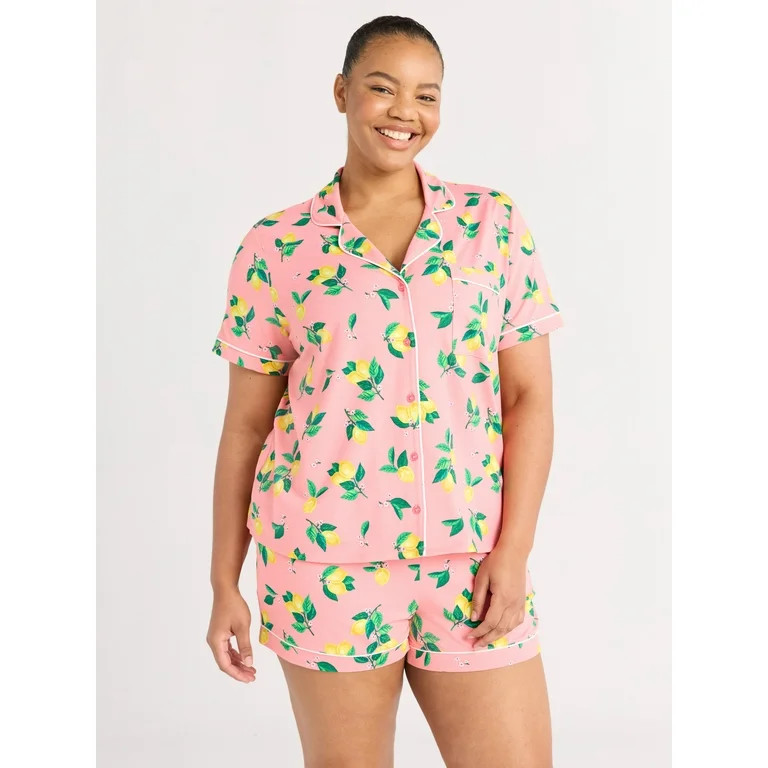 Joyspun Women’s Short Sleeve Knit Notch Collar Top and Shorts Pajama Set, 2-Piece, Sizes XS-3X | Walmart (US)