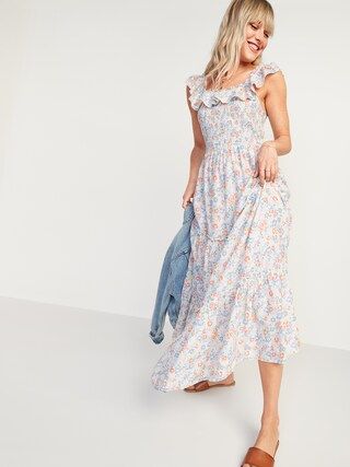 Ruffled Smocked-Bodice Floral Sleeveless Maxi Dress for Women | Old Navy (US)