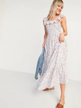 Ruffled Smocked-Bodice Floral Sleeveless Maxi Dress for Women | Old Navy (US)