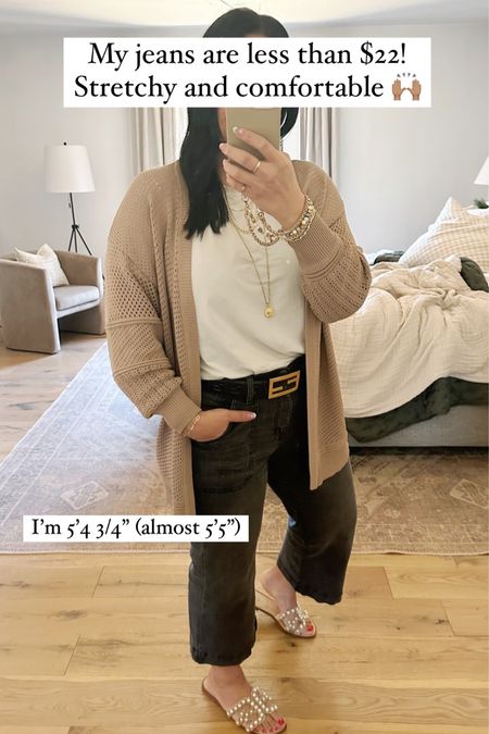 These wide leg cropped jeans are #sogood! They are stretchy and comfortable. If you are between sizes, size down. Wearing a 10 in the jeans, size 10 in the basic tee (I also wear it to work out), size medium in cardigan (linked a similar one by the same brand), sandals fit TTS. 

#LTKsalealert #LTKshoecrush #LTKunder50