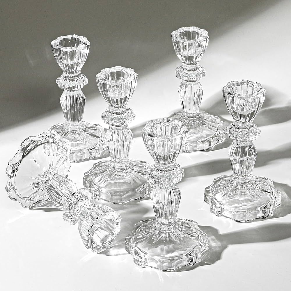 4" Tall Glass Candlestick Holder Set of 6 Clear Crystal Glass Candle Holders for Candlesticks Gla... | Amazon (US)