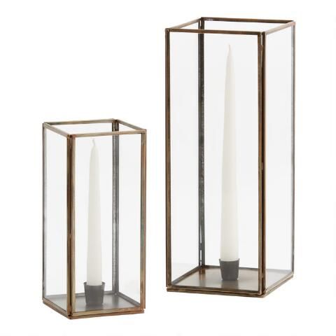 Square Metal and Glass Hurricane Taper Candle Holder | World Market