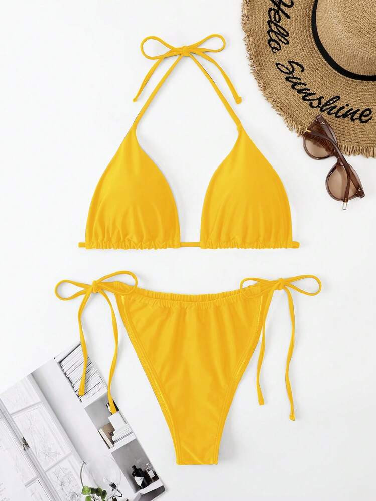 Swim Mod Summer Beach Plus Size Halter Triangle Tie Side Bikini Set | | SHEIN